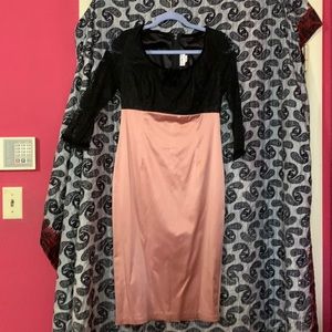 Femme Fatale pink satin dress with black lace bodice by Deadly Dames